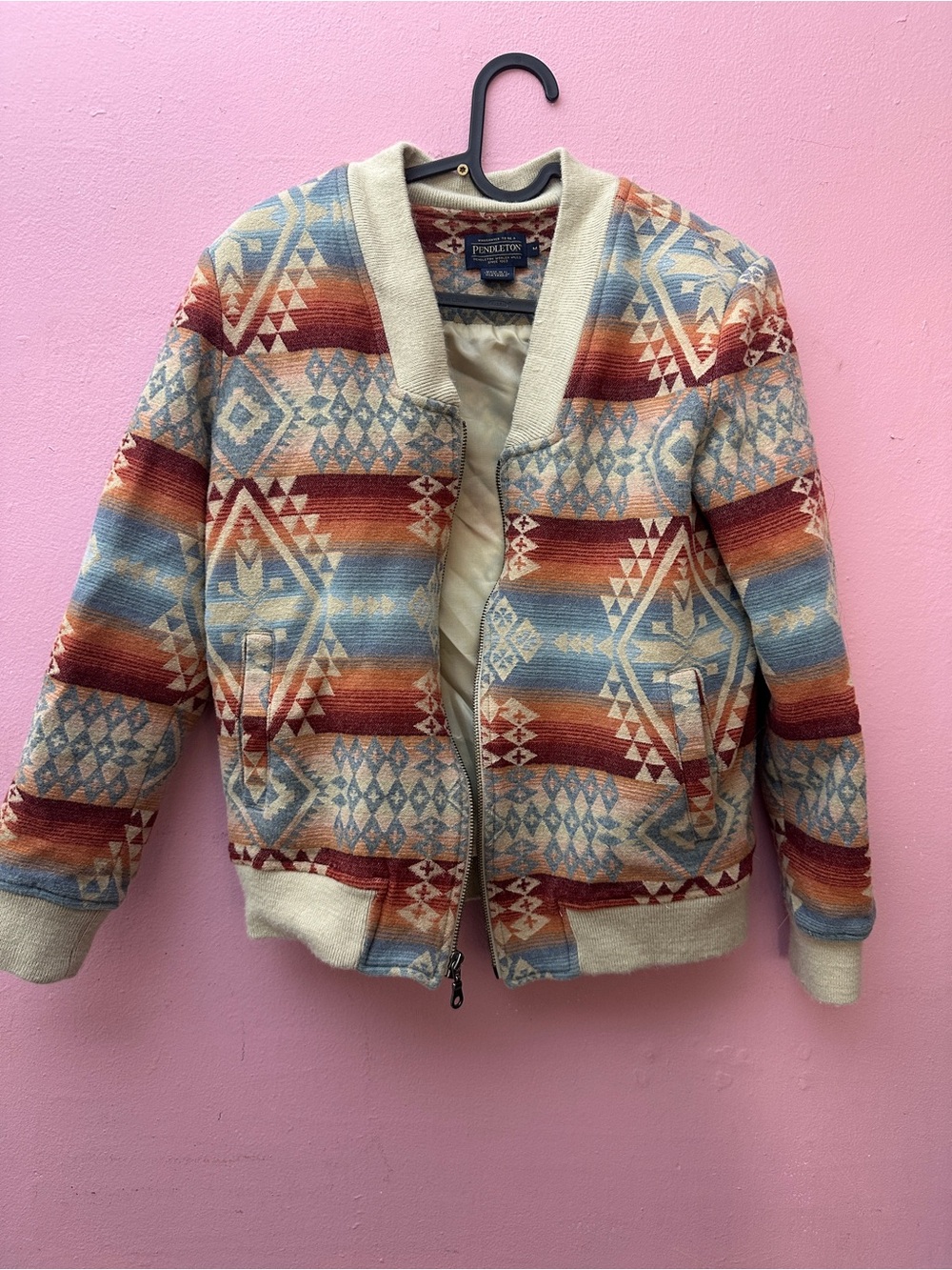 Pendleton Aztec-Pattern Bomber Jacket - Cream, Blue & Rust - Picture 2 of 6